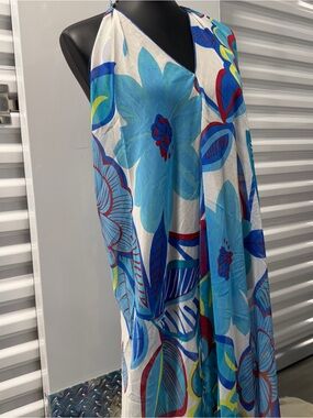Zury Blue Floral Halter Maxi Cover Up Dress Rayon Beach Swim Cover Up One Size